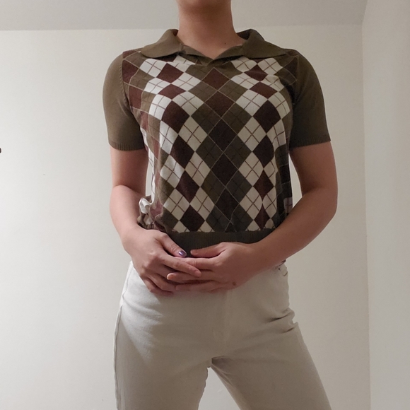 Olive & Brown Argyle Short Collared Top - Picture 3 of 8